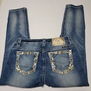 MISS ME Distresse Signature Ankle Skinny Bling Embroidered Pocket Distress Sz 28